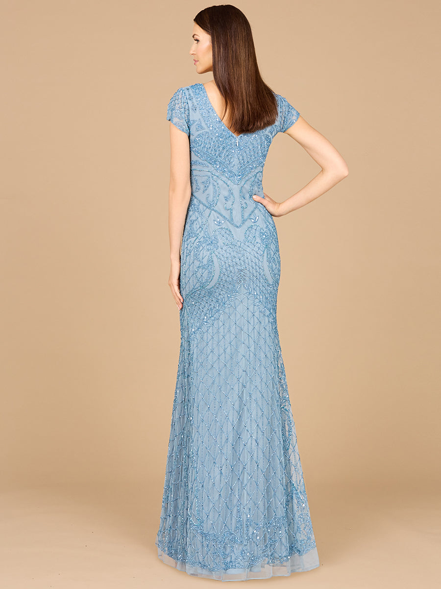 Beaded Cap Sleeve Gown With V-Neckline - OUTLET
