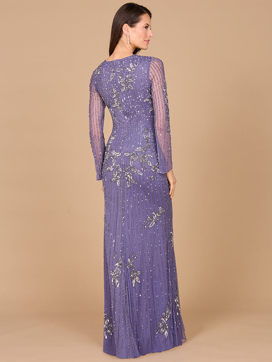 Long Sleeve, High Neck Beaded Gown - OUTLET