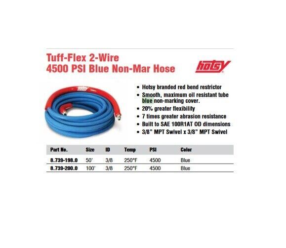 Power Washer Hose, 2 Wire, 4500 PSI, 3/8, Blue Non-Marking Hose, 50ft to 100ft