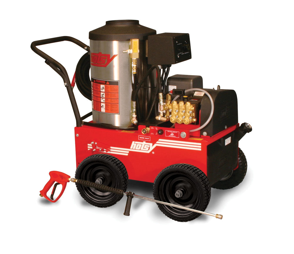 Hotsy® Model 895S Portable Hot Water Oil-Fired Electric Pressure Washer - 3.5 GPM @ 3000 PSI, 8.2HP 230V/1PH 36 AMP Baldor® Electric Motor, Hotsy® Crossfire™ Oil Burner, Belt Drive Hotsy® Triplex