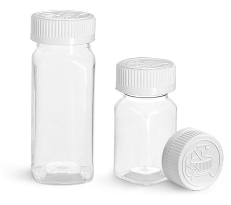 4oz Clear PET Square Bottle W/ White Child Resistant Cap