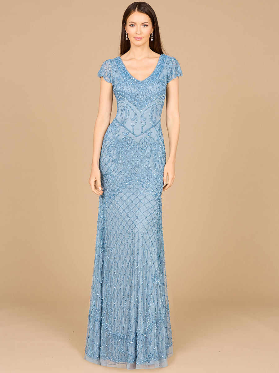 Beaded Cap Sleeve Gown With V-Neckline - OUTLET