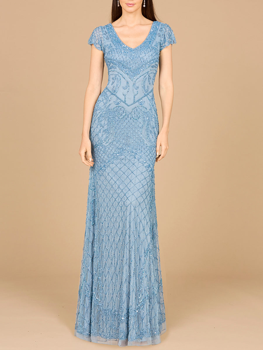 Beaded Cap Sleeve Gown With V-Neckline - OUTLET