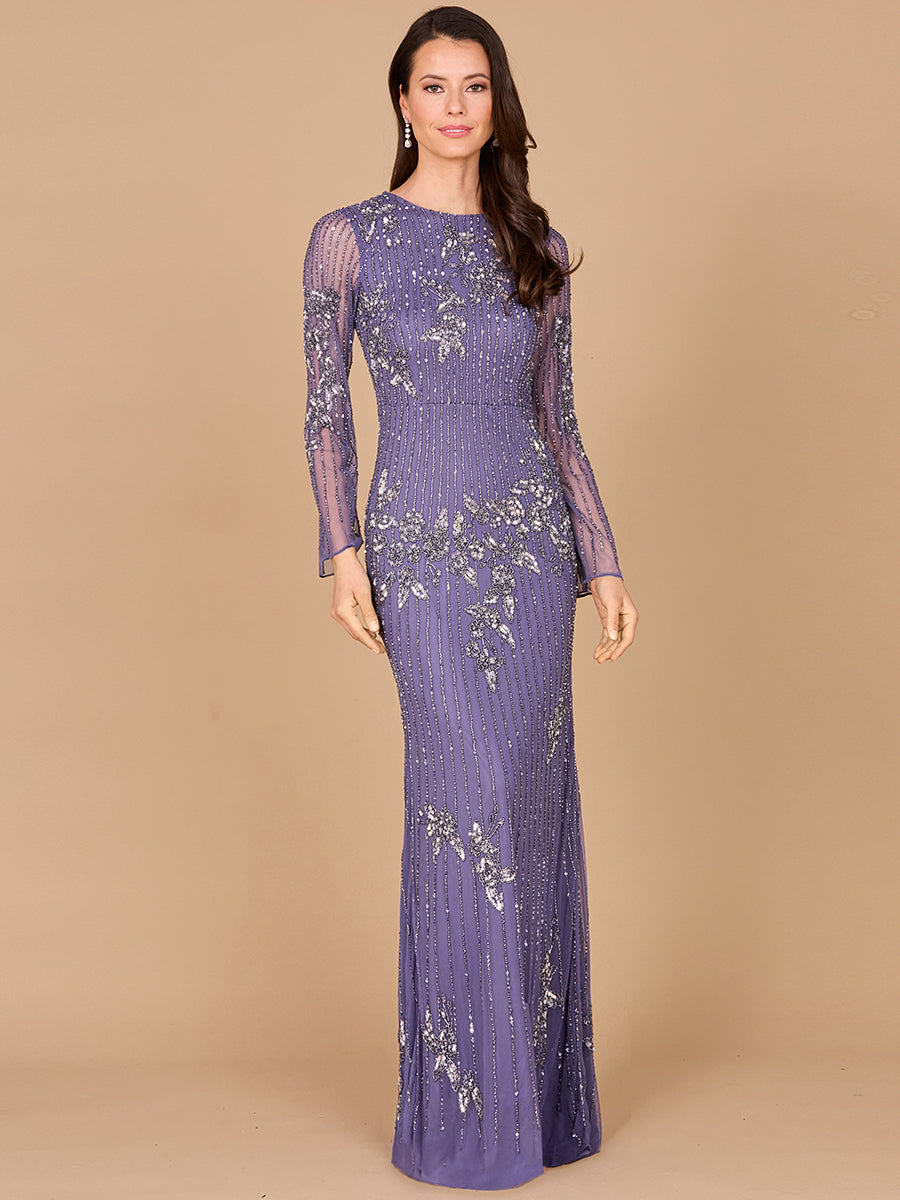 Long Sleeve, High Neck Beaded Gown - OUTLET