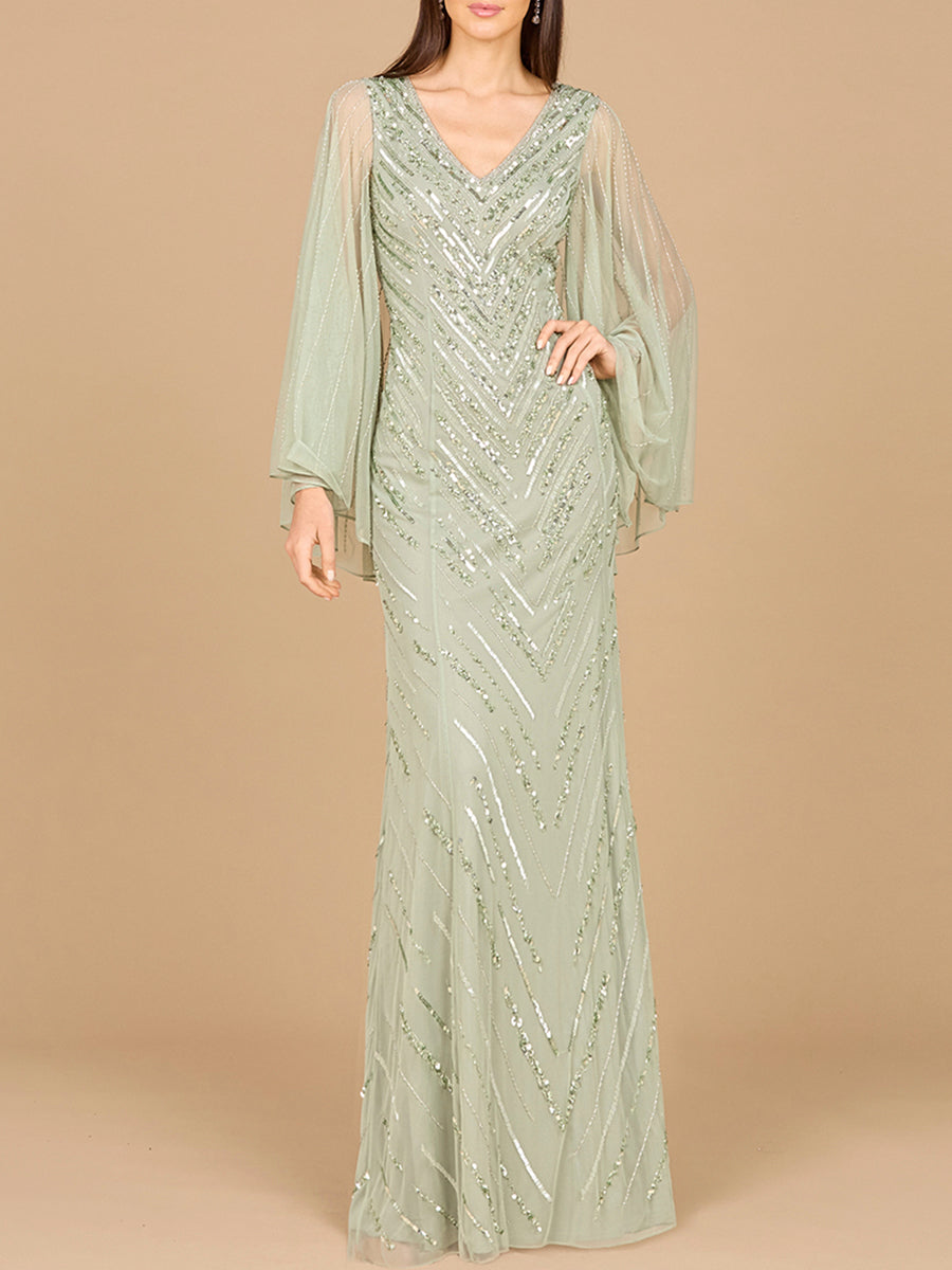 Long Cape Sleeves Beaded Dress  - OUTLET
