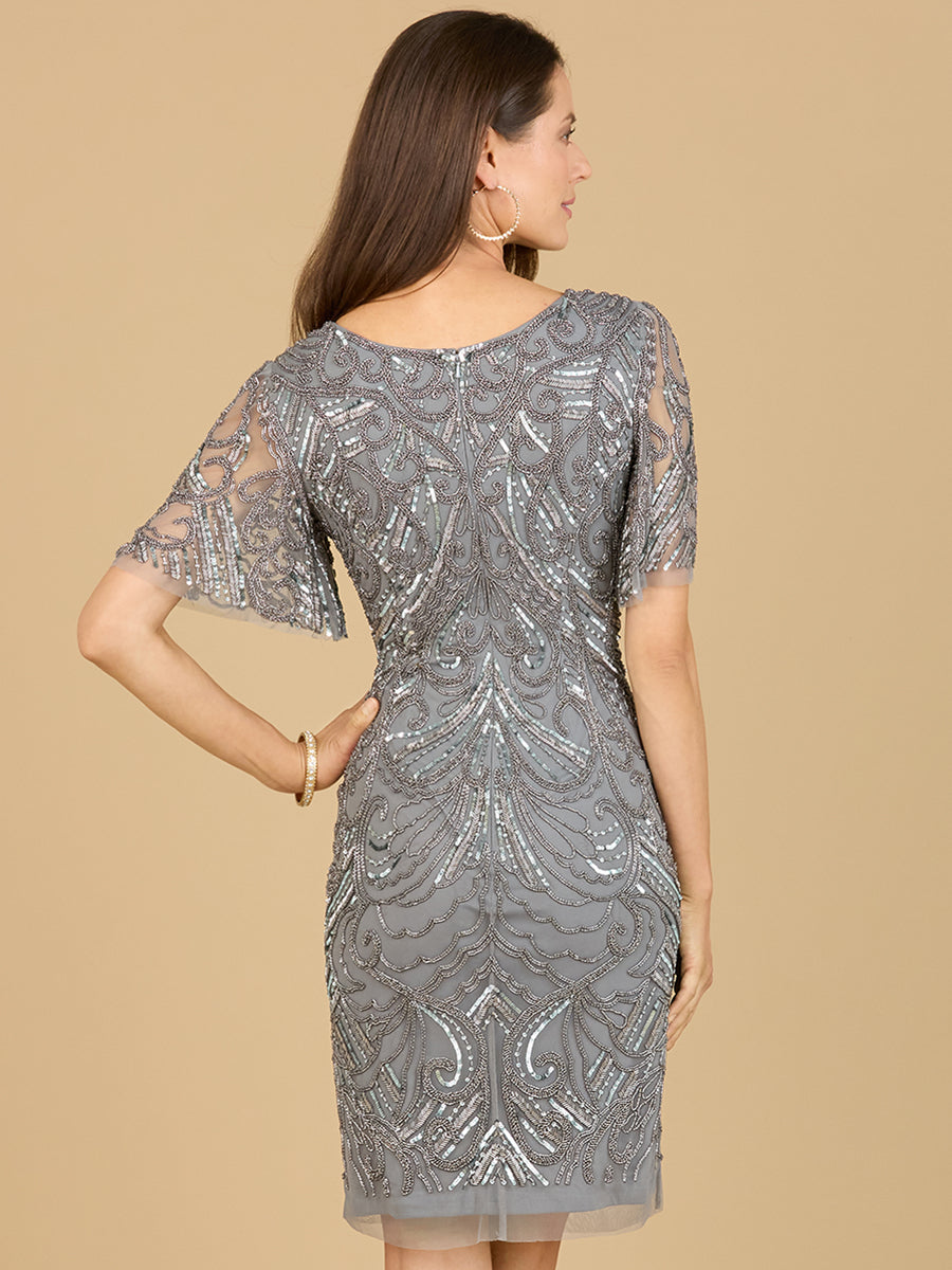 Beaded Cocktail Dress with Short Sleeves  - OUTLET