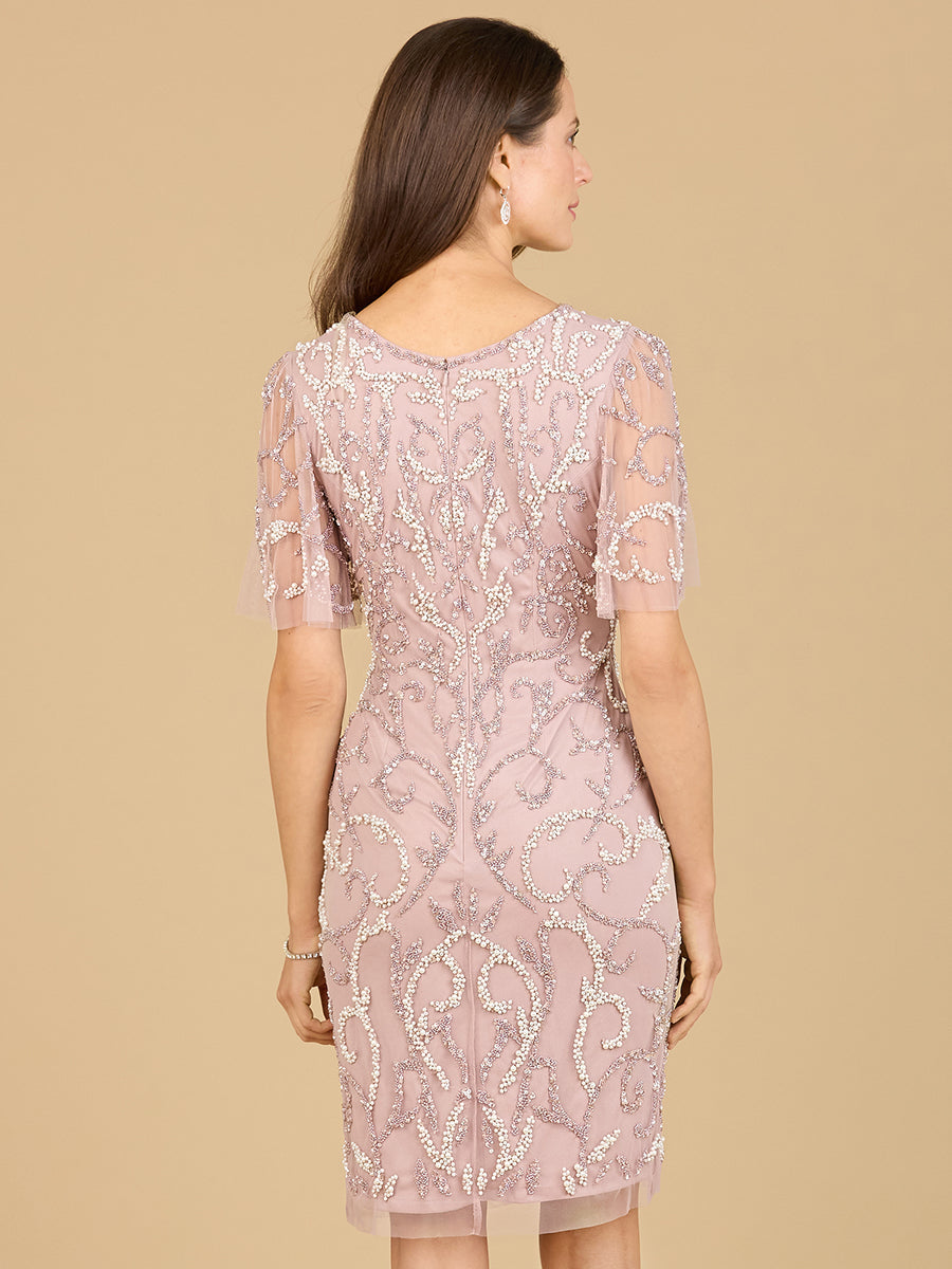 Beaded Short Dress with Cape Sleeves  - OUTLET