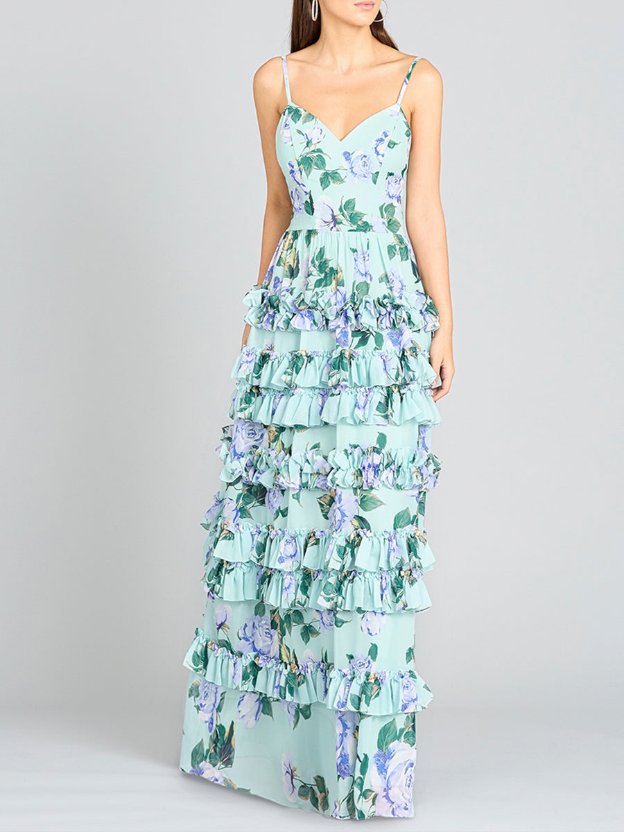 Ruffle Skirt Printed Gown with Spaghetti Straps - OUTLET