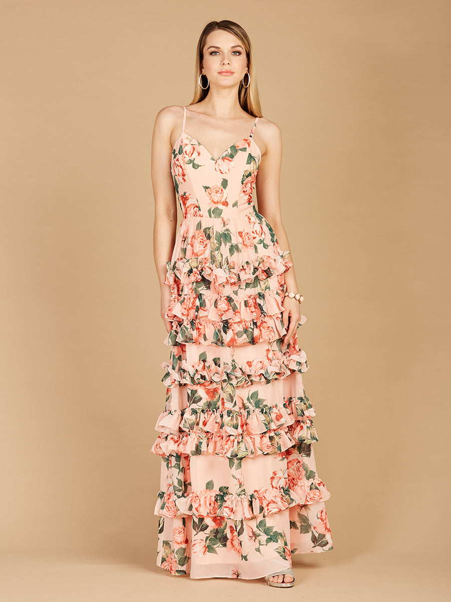 Ruffle Skirt Printed Gown with Spaghetti Straps - OUTLET