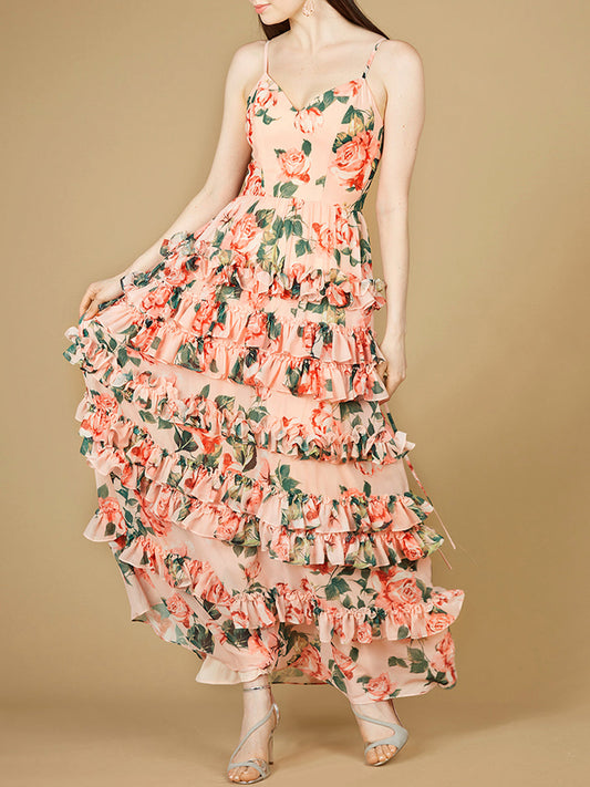 Ruffle Skirt Printed Gown with Spaghetti Straps - OUTLET
