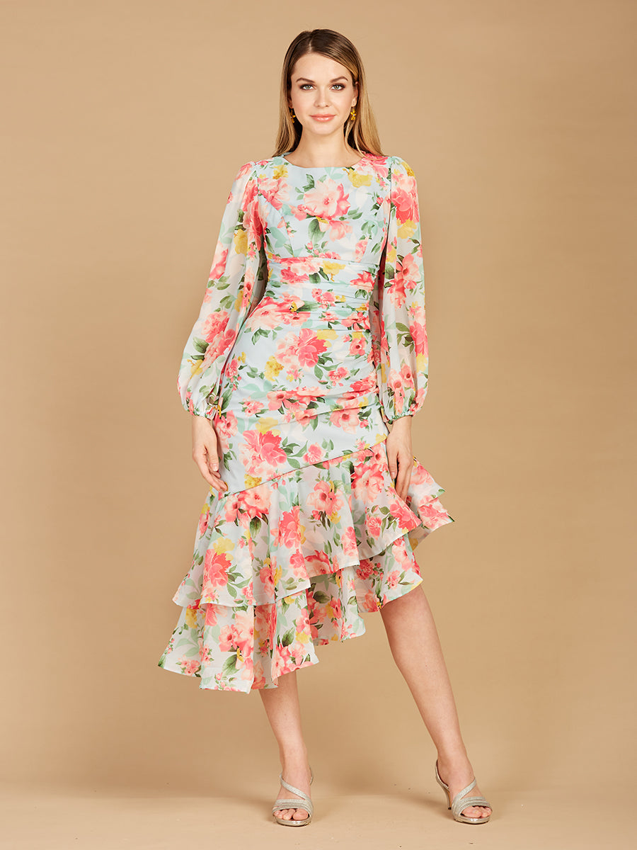 High Neck, Lace Up, Long Sleeve Printed Midi Dress - OUTLET