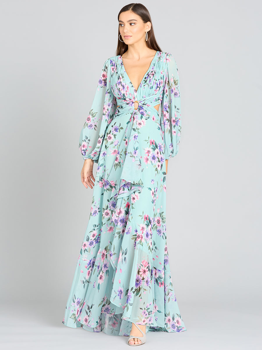 Long Sleeve V-Neck, Layered Skirt Print Dress- OUTLET