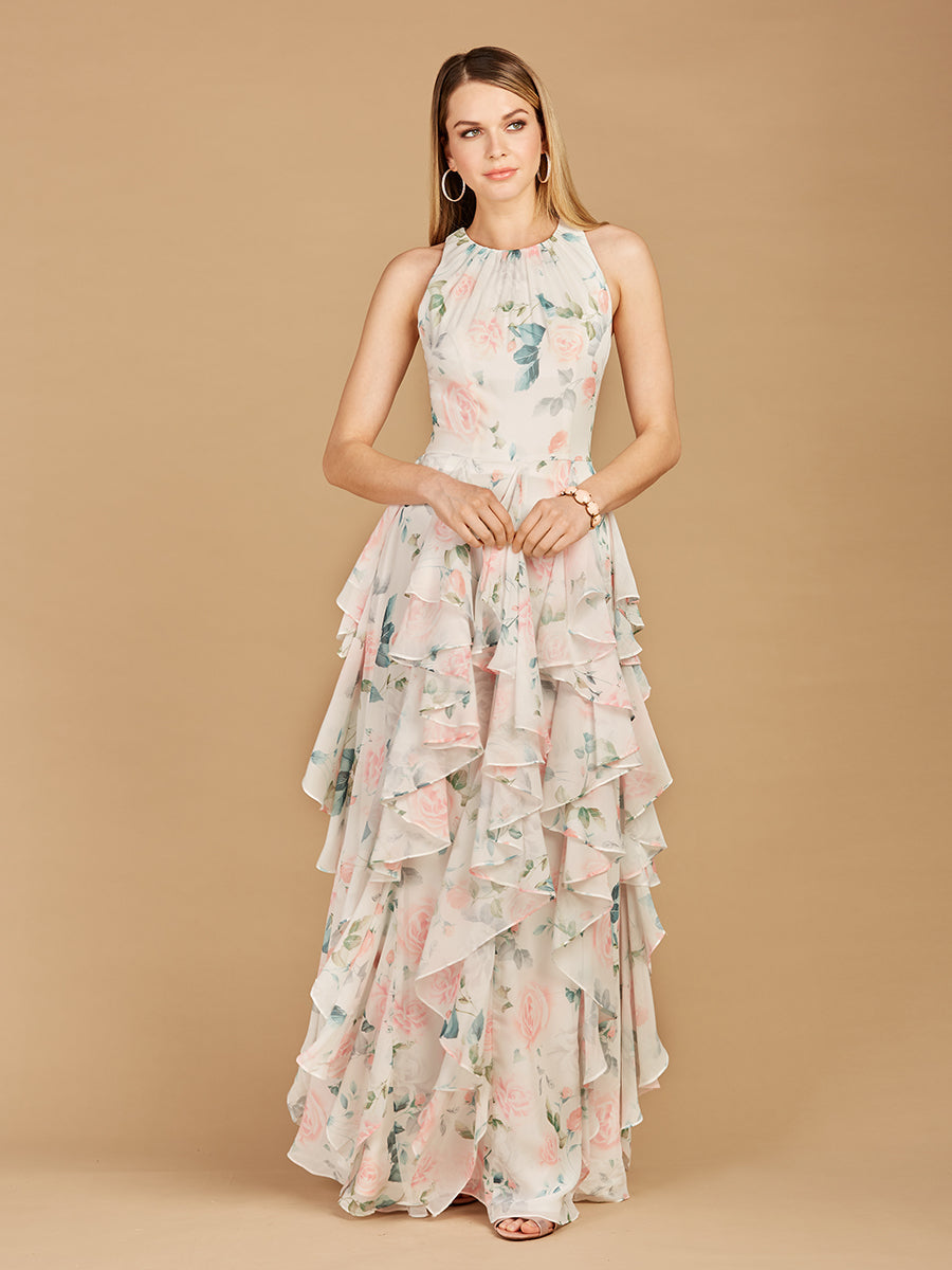 High Neck, Ruffled Skirt Printed Dress - OUTLET