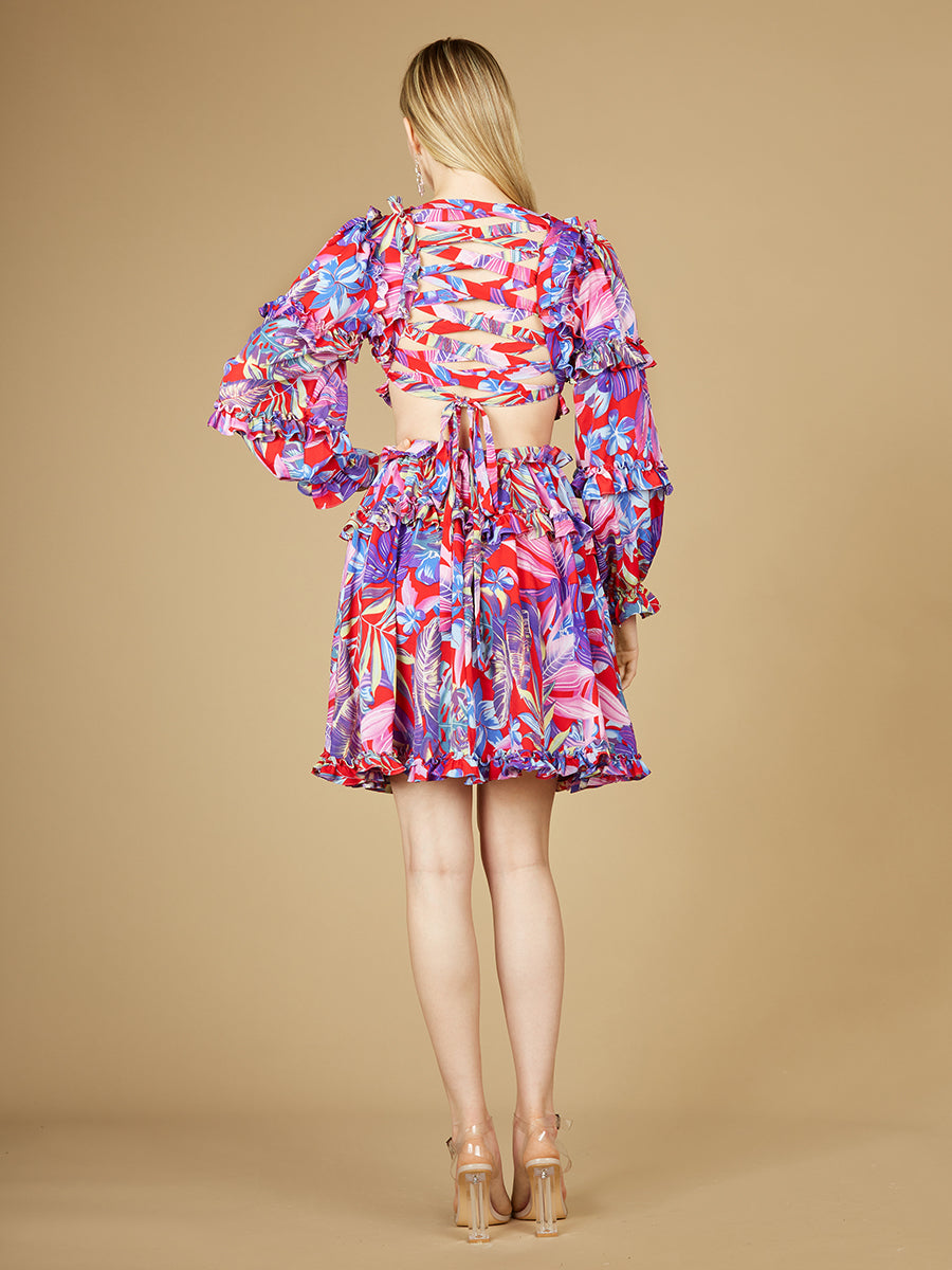 Long Sleeve Print Cocktail Short with Lace Up Back and Cutouts - OUTLET