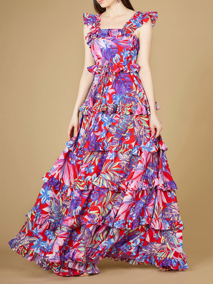 Printed Gown with Ruffle Skirt - OUTLET