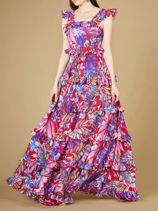 Printed Gown with Ruffle Skirt - OUTLET