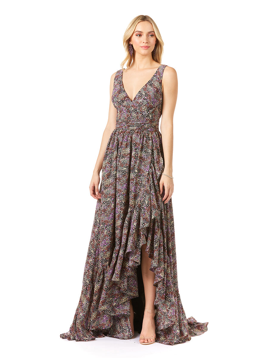 V-Neck Long Print Gown Hi-Low Wrap OUTLET