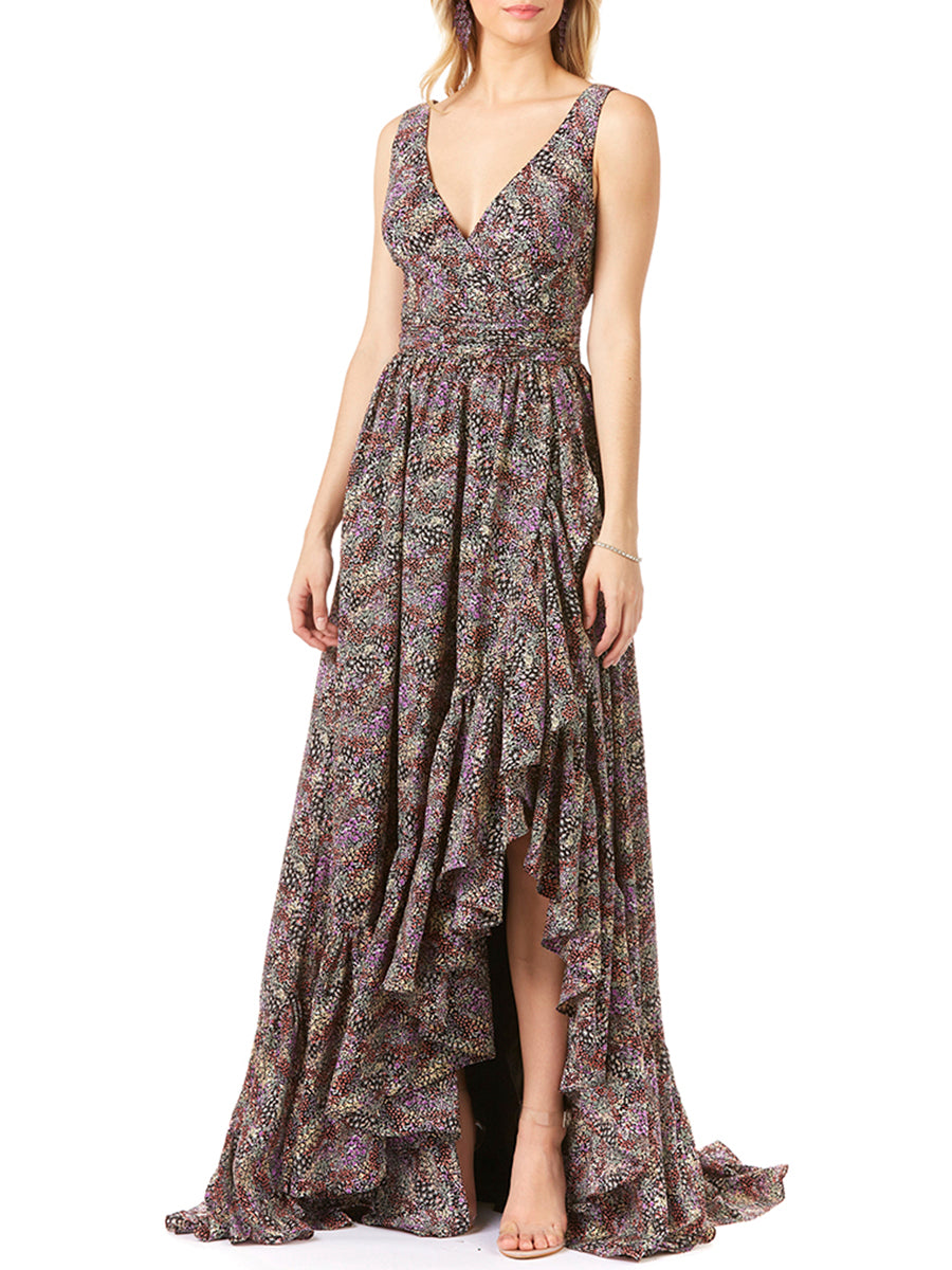 V-Neck Long Print Gown Hi-Low Wrap OUTLET