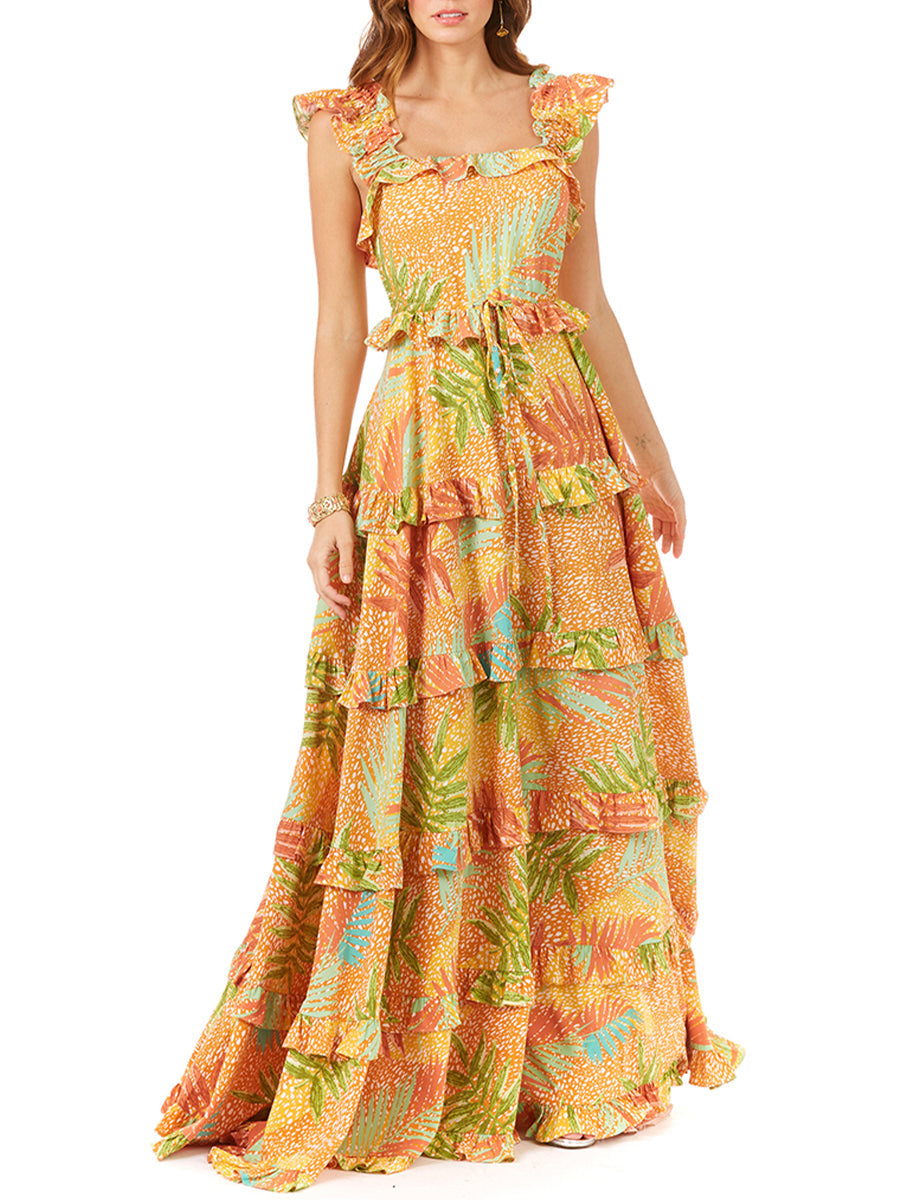 Ruffle Printed Gown with Straps OUTLET