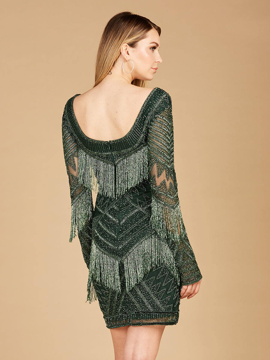 Long Sleeve Beaded V-Neck Fringe Cocktail Mini OUTLET