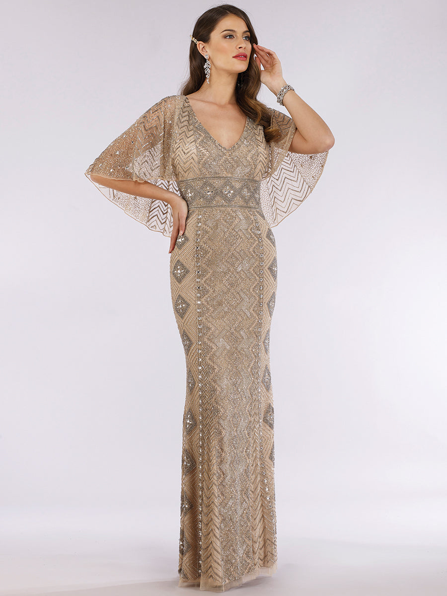Lara 29397 - Cape Sleeve V-Neck Beaded Gown  - OUTLET