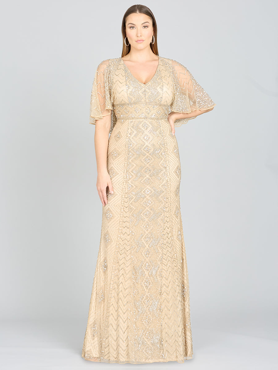 Lara 29397 - Cape Sleeve V-Neck Beaded Gown  - OUTLET
