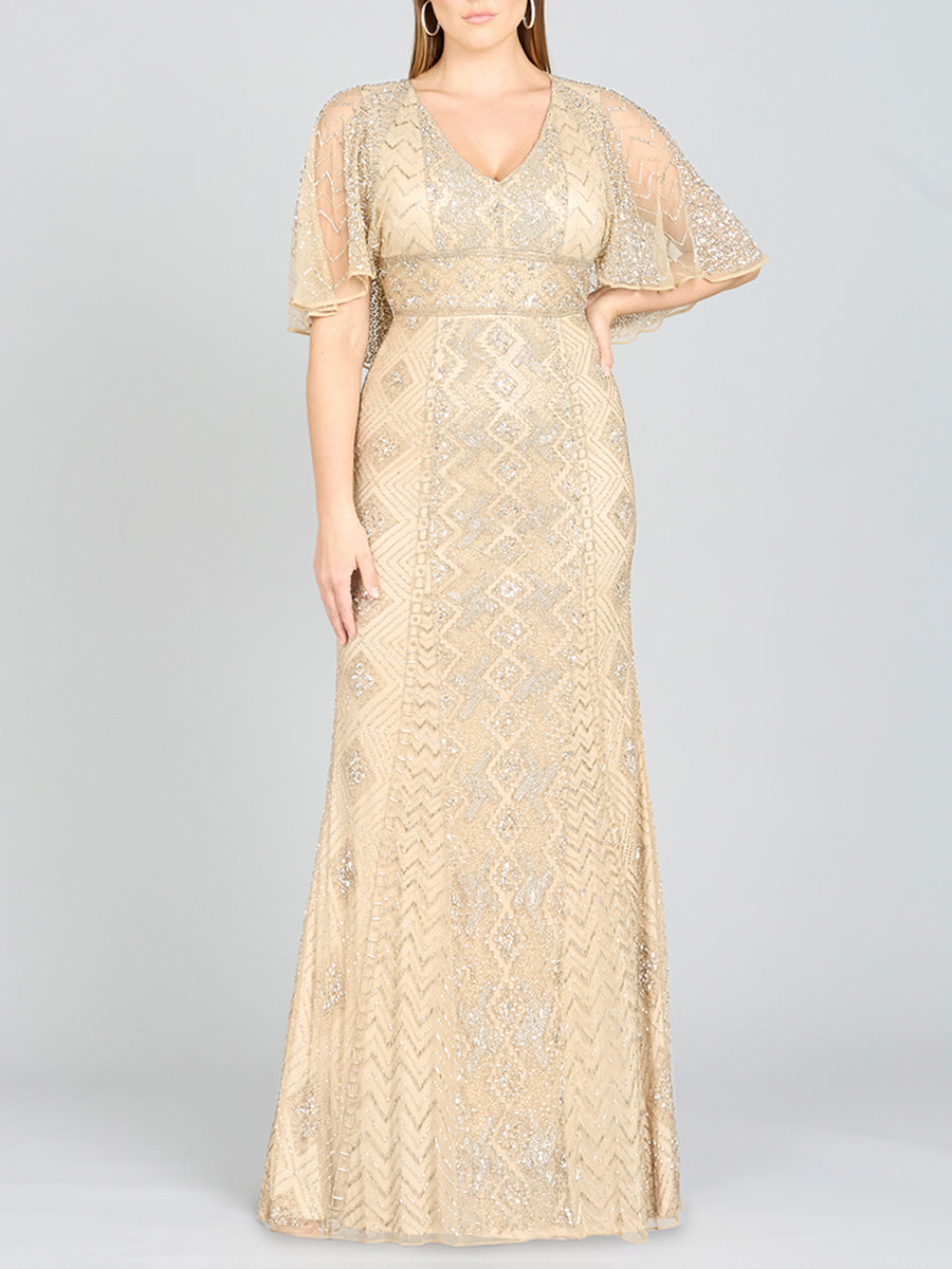 Lara 29397 - Cape Sleeve V-Neck Beaded Gown  - OUTLET