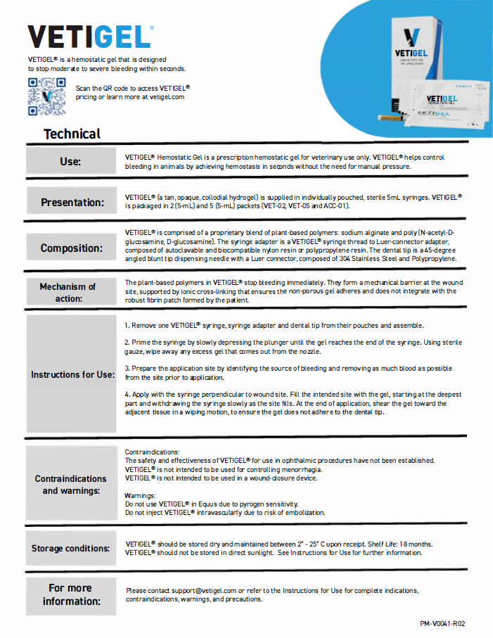 PM-V0041-R02 Technical Product Spec Sheet Bundle (QTY=20 ea) - VETIGEL®  Hemostatic Gel