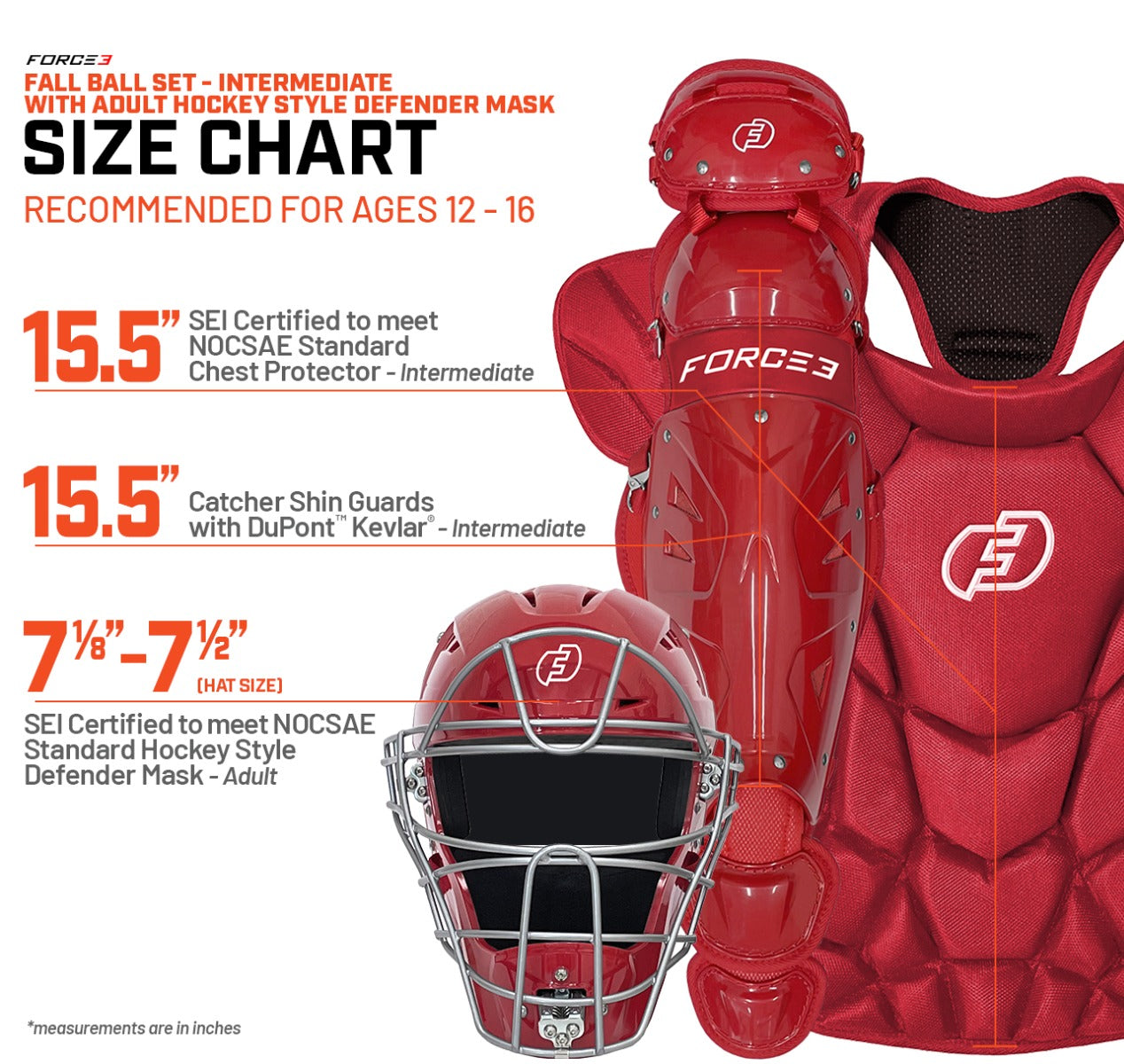 Fall Ball Intermediate Catcher's Set with Adult or Youth Hockey Style Defender Mask, Chest Protector and Shin Guards - Ages 12-16| Mask and Chest Protector Meets NOCSAE