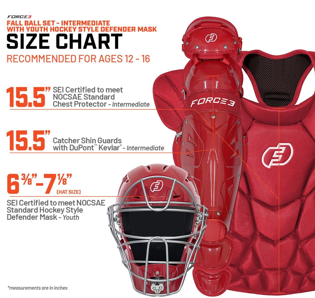 Fall Ball Intermediate Catcher's Set with Adult or Youth Hockey Style Defender Mask, Chest Protector and Shin Guards - Ages 12-16| Mask and Chest Protector Meets NOCSAE