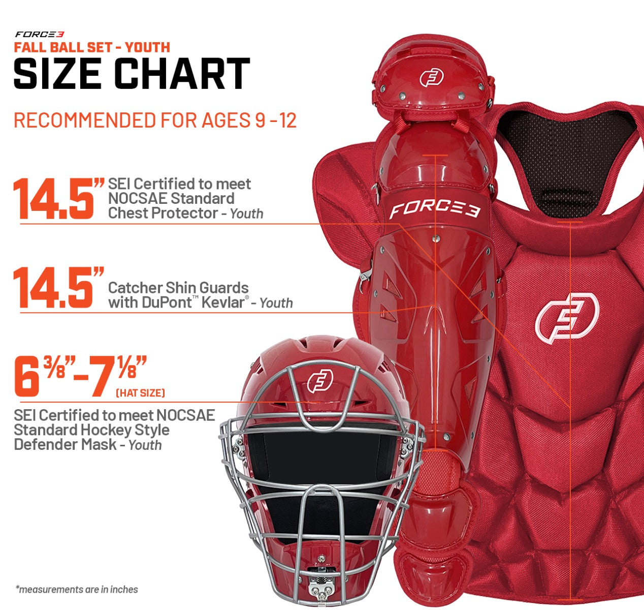 Fall Ball Youth Catcher's Set with Hockey Style Defender Mask, Chest Protector and Shin Guards - Ages 9-12 | Mask and Chest Protector Meets NOCSAE
