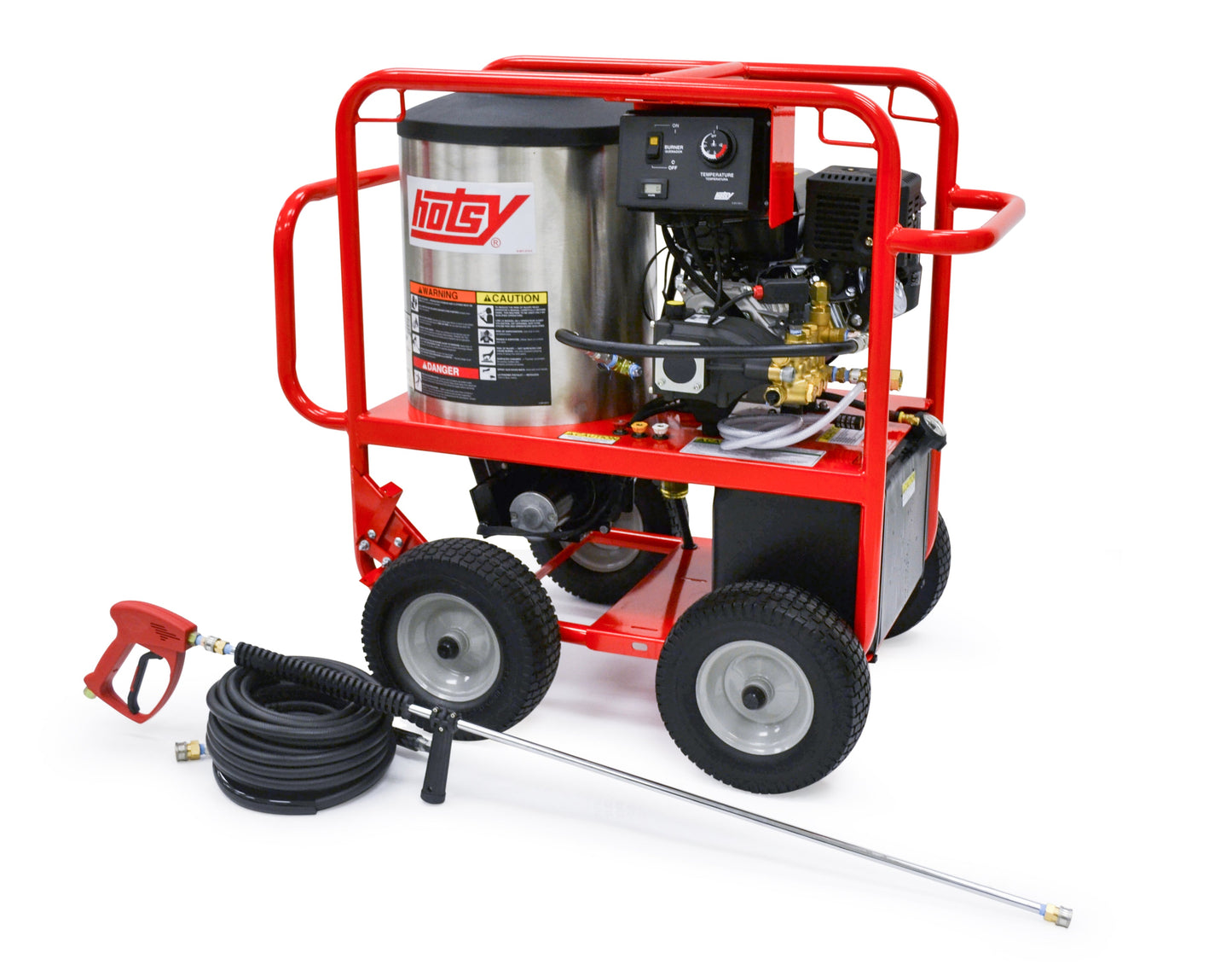 Hotsy® Model 871SS Portable Hot Water Pressure Washer - 2.7 GPM @ 2400 PSI, Kohler CH270 Gas Engine, 12 Volt Burner, Direct Drive Hotsy Triplex Pump w/NESTechnology, Trigger Gun Shut-Off, 50’ High